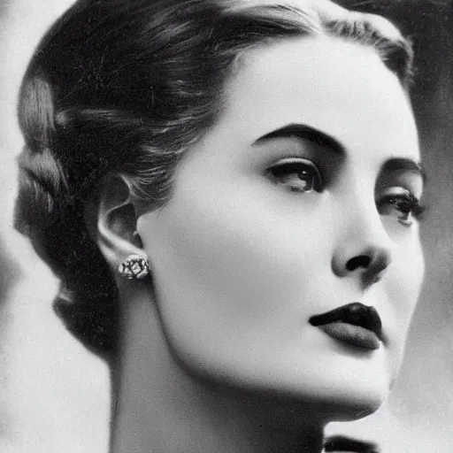 Image similar to victorian photograph of grace kelly, angelina jolie, 1 8 9 0 s photography, 1 9 0 0, realistic face, symmetrical face, detailed, grainy, edwardian, old photo