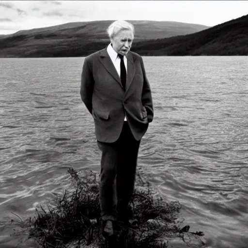 Prompt: Sir David Attenborough at a lake, looking at the Loch Ness Monster Nessie