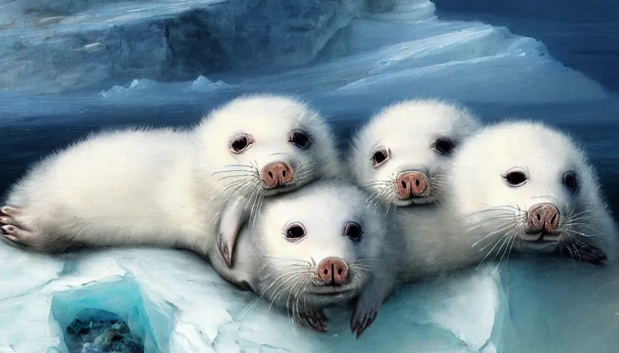 Image similar to highly detailed painting of cute furry white baby seal piglets cuddling into each other on a blue and white iceberg by william turner, by greg rutkowski, by william constable, thick brush strokes and visible paint layers, 4 k resolution