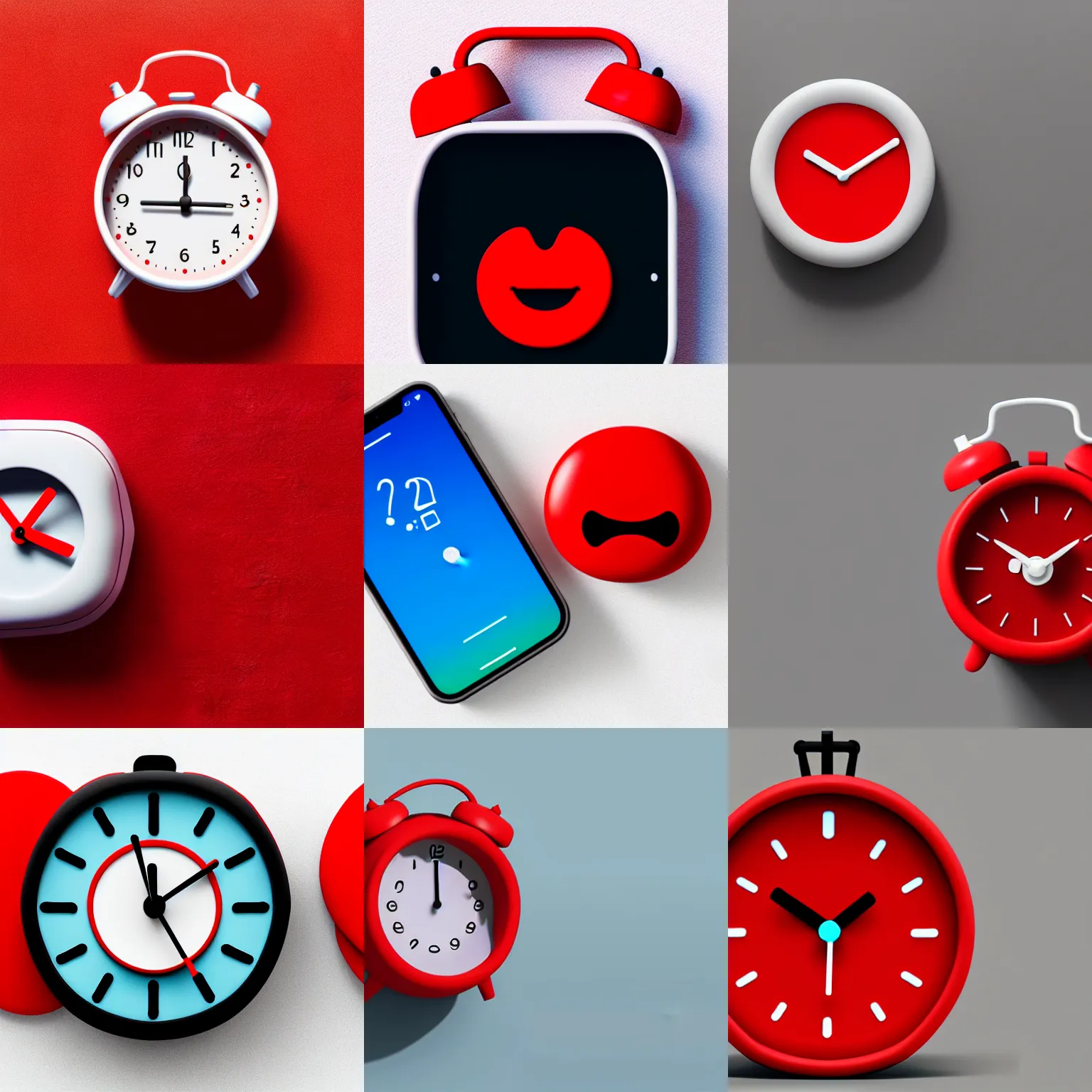 Prompt: Clay render red iOS emoji alarm clock on a flat 2D white background in isometric top down left view, diffuse lighting, zoomed out very far