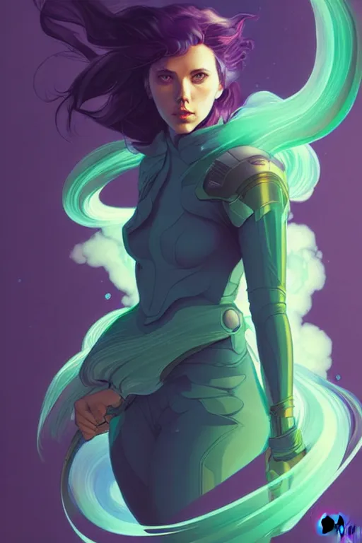 Image similar to style artgerm, joshua middleton, illustration, scarlett johansson as artificer wearing green pelt light armor, anime eyes, blue hair, swirling water cosmos, fantasy, dnd, cinematic lighting