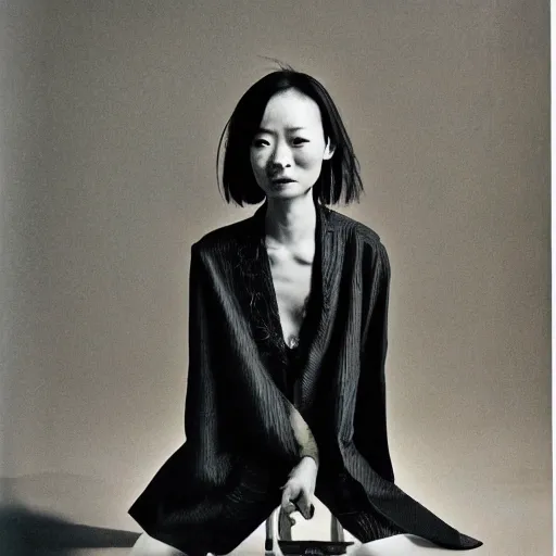 Prompt: A Chinese woman wearing clothes from 2078, portrait, Taschen, 35 mm film, by David Bailey, Peter Lindbergh, Davide Sorrenti
