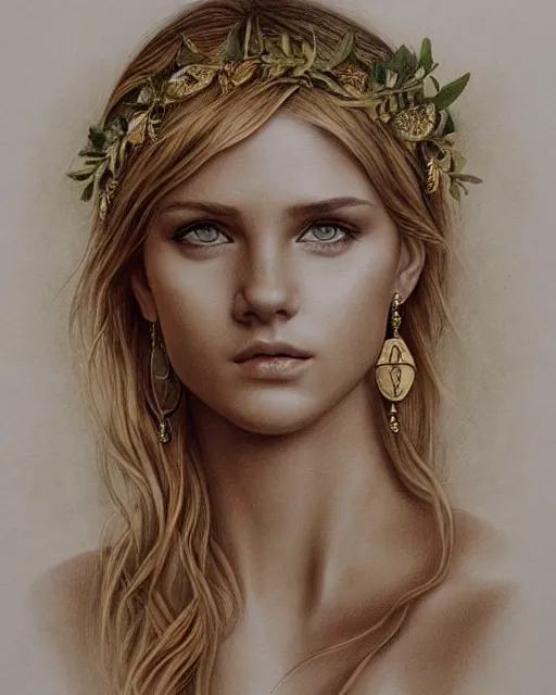 Image similar to pencil drawing of a beautiful greek goddess aphrodite wearing a laurel wreath and arrowhead earrings, beautiful confident and piercing eyes, beautiful blonde hair, hyper realistic face, in the style of greg rutkowski, fantasy, amazing detail, epic, elegant, smooth, sharp focus, from the front