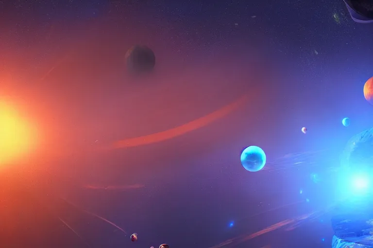 Image similar to beautiful sci fi space landscape with perfectly spherical planets, concept art trending on artstation, blue and orange, volumetric lighting, 8k