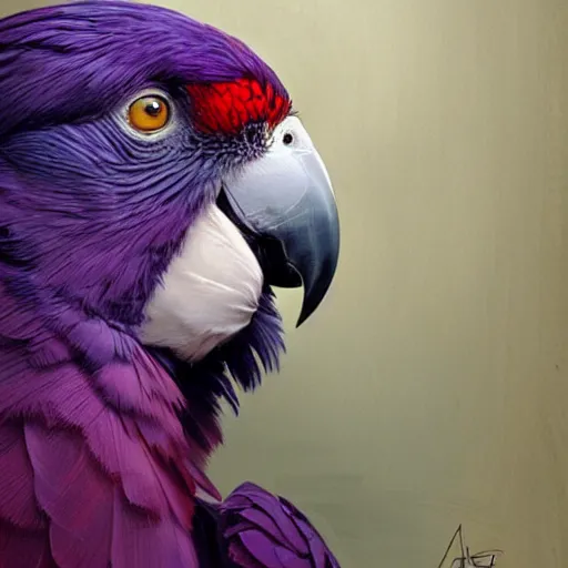 Image similar to portrait of a purple parrot, upper body, long hair, intricate, elegant, highly detailed, digital painting, artstation, concept art, matte, sharp focus, illustration, art by artgerm and greg rutkowski and alphonse mucha