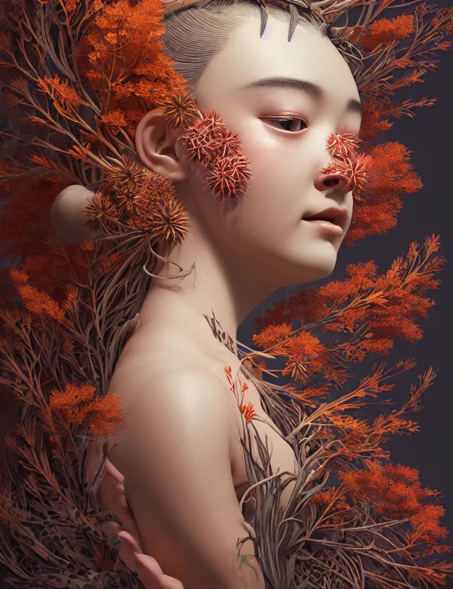 Image similar to 3 d goddess close - up profile portrait of young girl wearing a beautiful intricately detailed japanese autumn mask, fall leaves, thistles, phoenix, dried plants, foxes, wind, creature, artwork by tooth wu and wlop and beeple and greg rutkowski