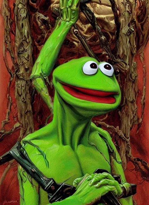 Image similar to portrait of Kermit the frog in Evil Dead (2013), highly detailed, centered, solid color background, digital painting, artstation, concept art, smooth, sharp focus, illustration, artgerm, donato giancola, Joseph Christian Leyendecker, Les Edwards, Ed Repka, WLOP