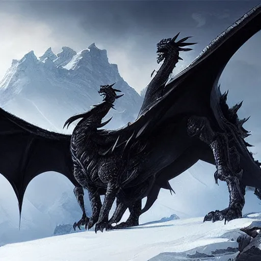 Image similar to giant black dragon in the snowy mountains, fantasy, greg rutkowski