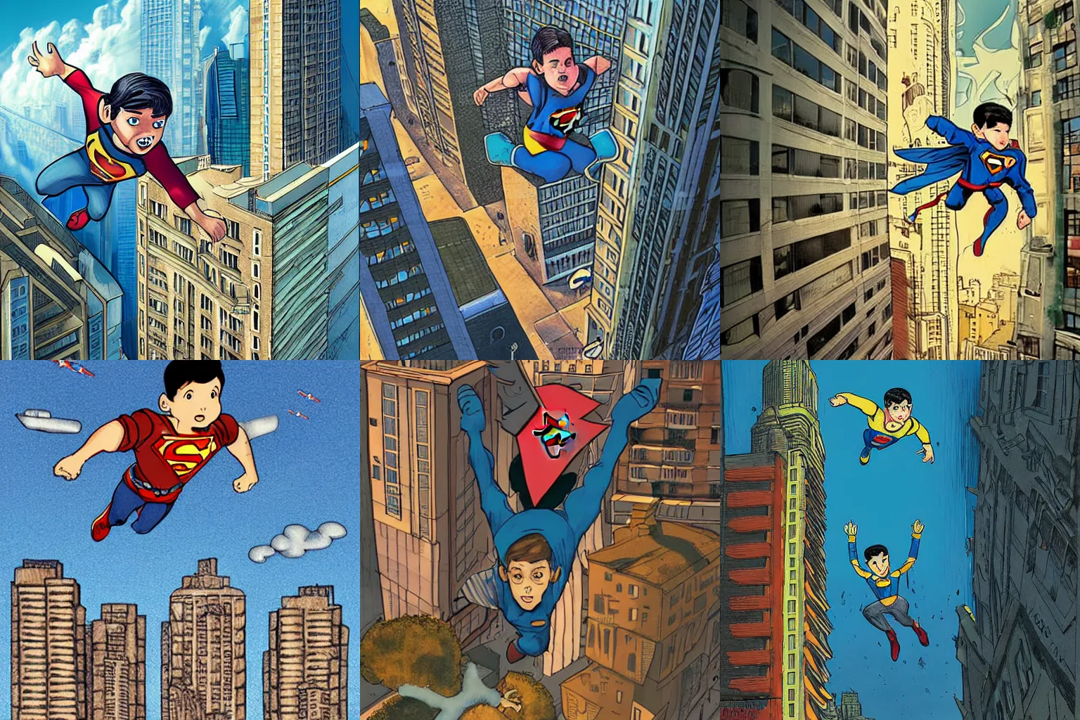 Prompt: a super boy flying between city buildings, art by valentin perouelle,