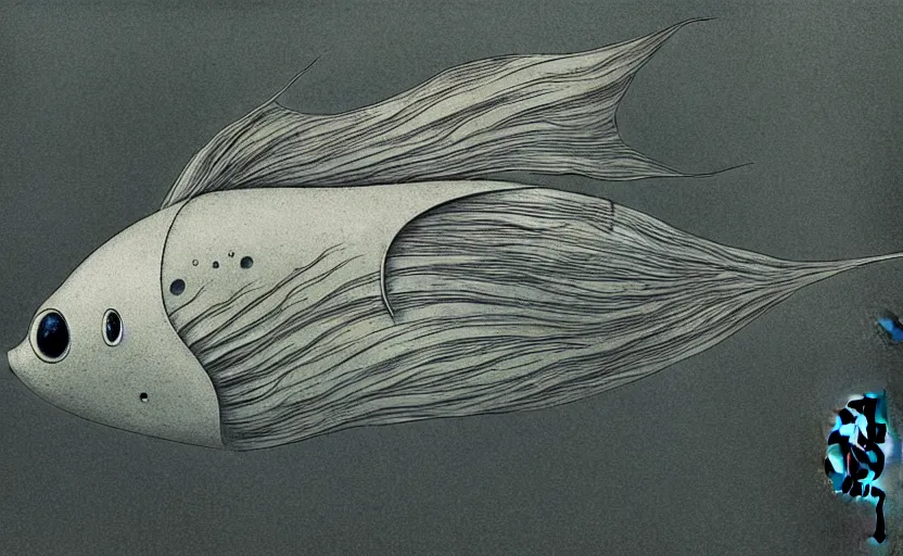 Prompt: creepy fish by shaun tan, side view, style of yoshitaka amano john kenn mortensen takato yamamoto junji ito gediminas pranckevicius