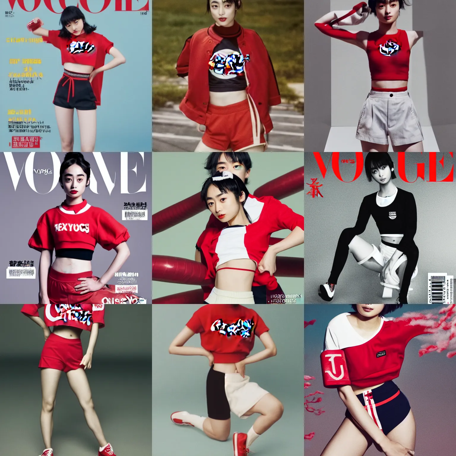 Prompt: suzu Hirose wearing crop red Coca Cola gym top with white Lettering, cropped red yoga short, Vogue editorial by Mario Testino, masterwork