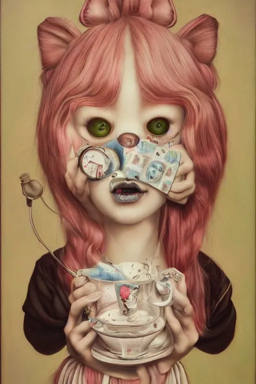 Image similar to pop surrealism, lowbrow art, realistic cute girl painting, alice in wonderland, hyper realism, muted colors, trevor brown, mark ryden style