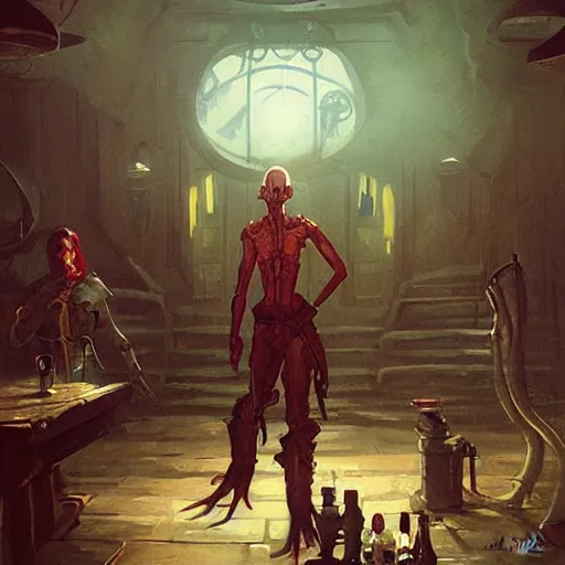 Image similar to An alien walks into a pirate tavern, fantasy art by Greg Rutkowski