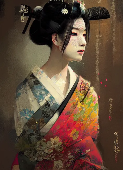 Image similar to female geisha girl, beautiful face, colourful, rule of thirds, intricate outfit, spotlight, by greg rutkowski, by jeremy mann, digital painting