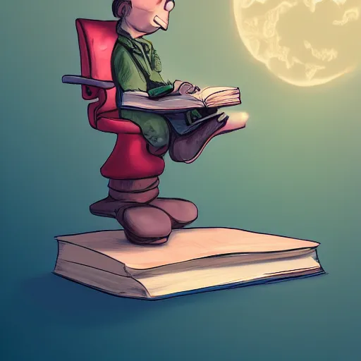 Image similar to diminutive man sitting on a huge book. The man is two inches tall. The book rests on a table. The book is closed, with a green cover. Digital art trending in Artstation.