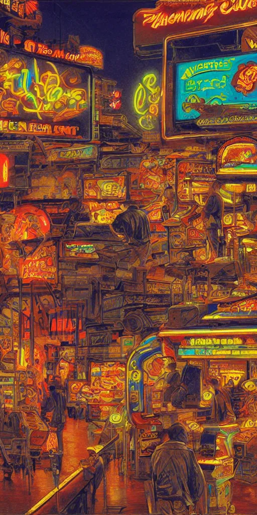 Prompt: oil painting scene from amusement arcade at night neon by kim jung gi