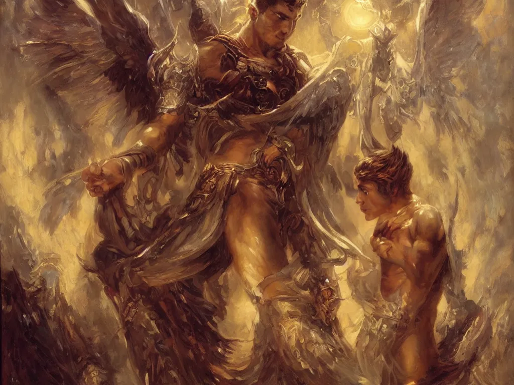 Image similar to attractive male deity, casts dark spell to summon attractive lucifer morningstar. highly detailed painting by gaston bussiere, craig mullins, j. c. leyendecker 8 k