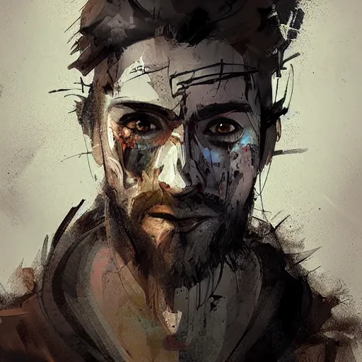 Prompt: human male character art, by Ismail Inceoglu, dark hair, beard, sunken eyes, scars, shabby clothes, digital art, dungeons and dragons, art