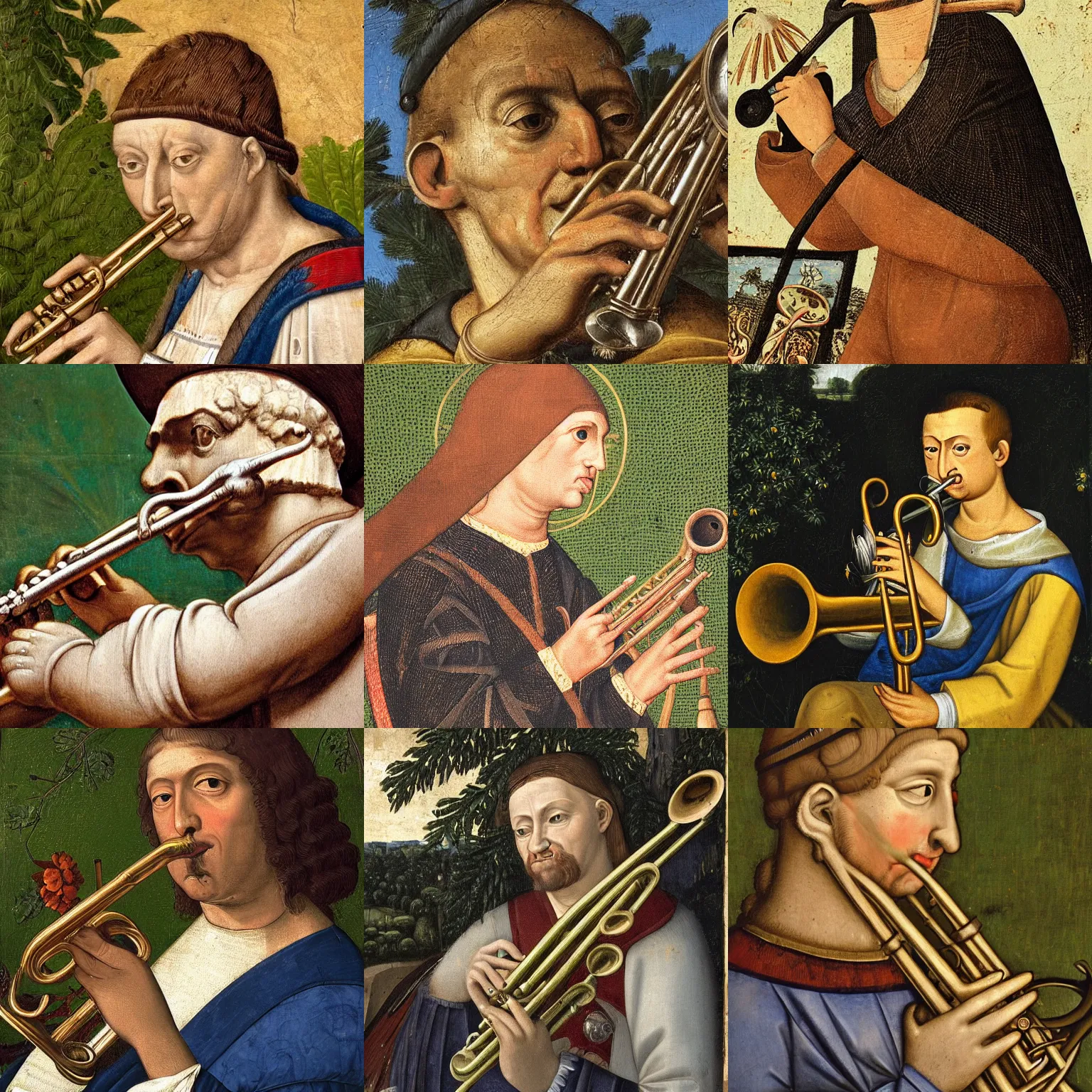 Prompt: hawk playing the trumpet, sitting in the garden, medieval portrait, close up