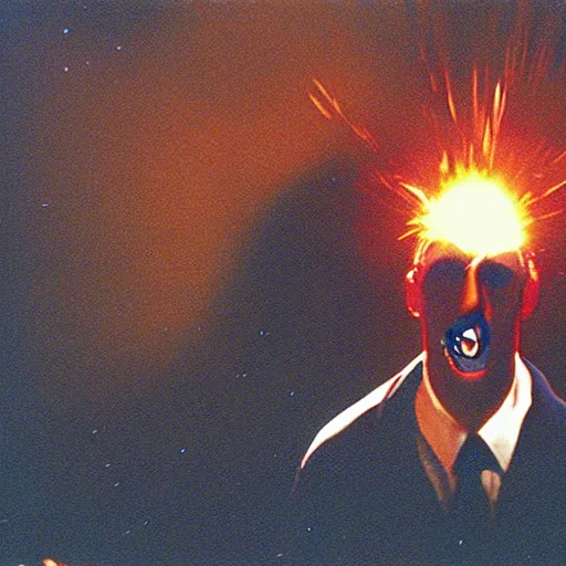 Prompt: filmic extreme realistic wide shot dutch angle movie still 35mm film color photograph of a man's head exploding, in the style of Scanners