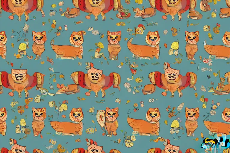 Prompt: beautiful art illustration of a group of happy cats by tony healey, highly detailed, seamless pattern, tiling