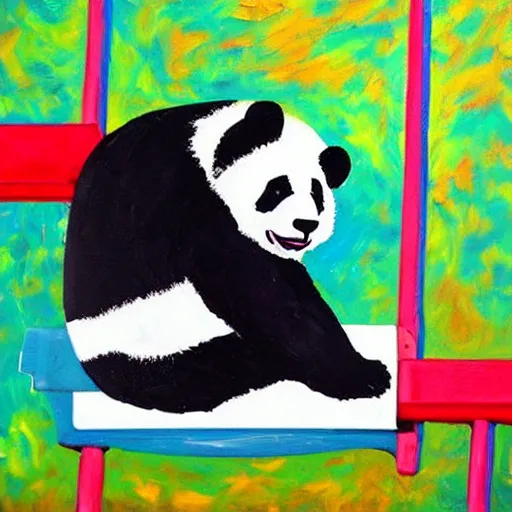 Prompt: beautiful acrylic! impasto! painting of a sad, crying panda bear on a playground swing