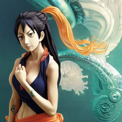 Image similar to intricately detailed vfx portrait of nami from one piece by eiichiro oda!, makoto shinkai, alphonse mucha, art by artgerm and greg rutkowski!, best of behance, concept art, matte, sharp focus, adolphe bouguereau, annie leibovitz, stanley kubrick,