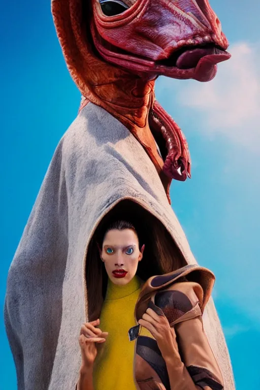 Prompt: balenciaga campaign featuring jar jar binks as a female cowgirl, long eyeslashes, huge juicy lips, big seductive eyes, unprocessed colors, # nofilter, realistic vfx simulation
