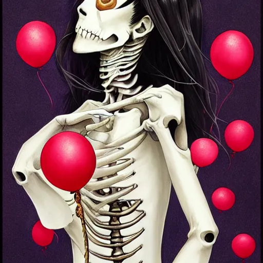 Prompt: anime manga skull portrait young woman holding balloon, skeleton, intricate, elegant, highly detailed, painting by jc leyendecker and sachin teng