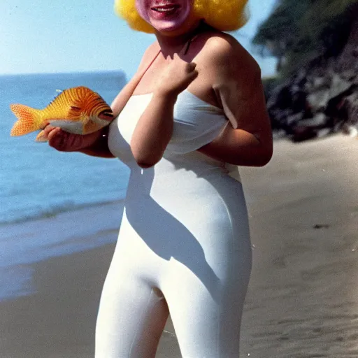 Image similar to 1981 woman on tv show wearing a happy squishy inflatable prosthetic mask, soft color wearing a swimsuit at the beach 1981 color film 16mm holding a an inflatable fish Fellini John Waters Russ Meyer Doris Wishman old photo