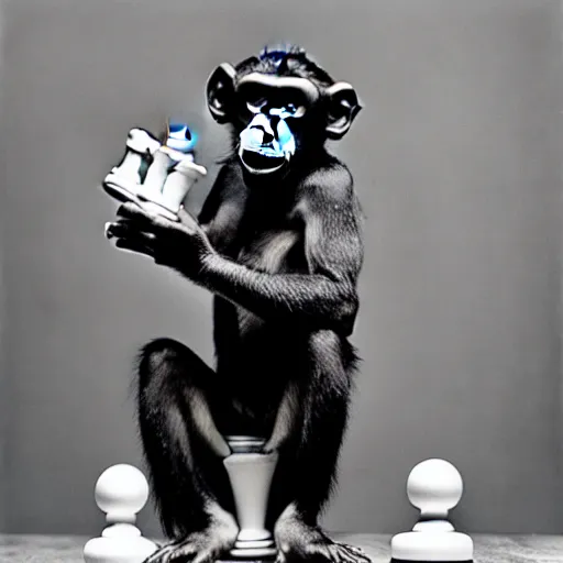 Image similar to black and white portrait photo of a monkey eating a chess piece by annie liebovitz,