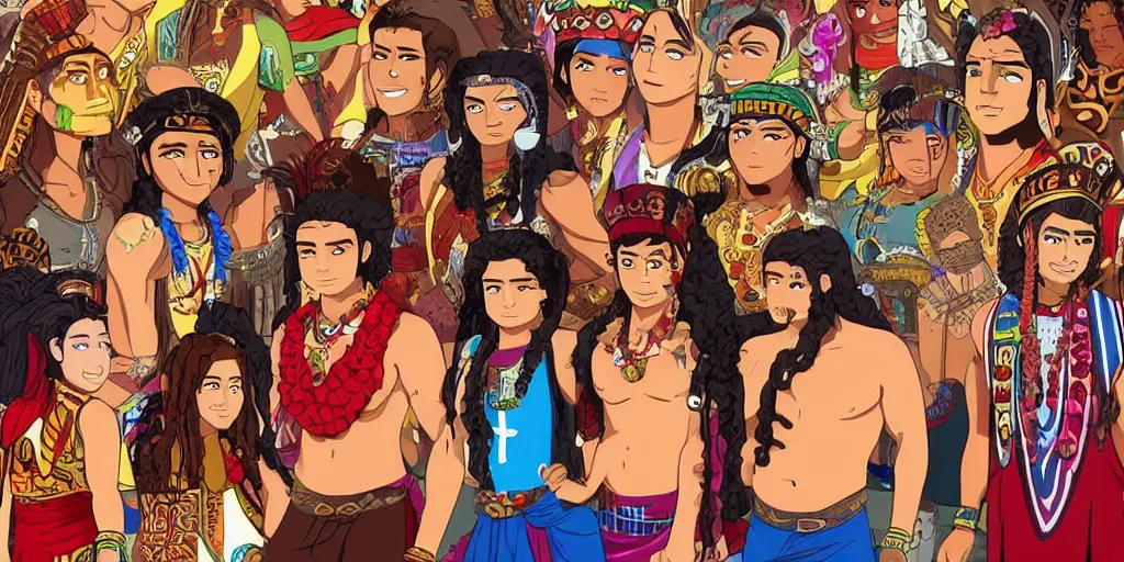 Prompt: Aztec gods as students of a Slice of Life TV show, Highly detailed, cinematic camera