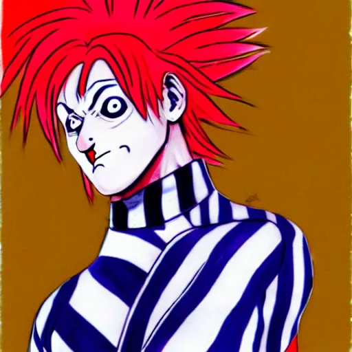 Prompt: a clown wearing orange wig and striped shirt, art by hirohiko araki, hirohiko araki, araki artwork, jjba concept art,