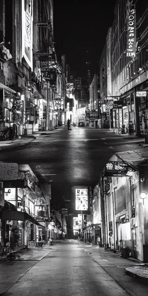 Image similar to street view of a dark cyber noir city, night, photoreal 35mm 8k photography