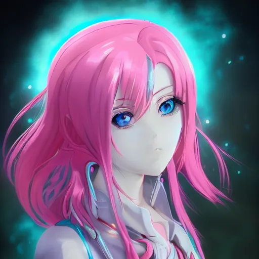 Image similar to stunningly beautiful omnipotent anime goddess with porcelain skin, pink hair and mesmerizing cyan eyes, symmetrical perfect face, mid view, hyperdetailed, 2 d, 8 k