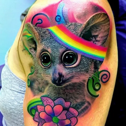 Prompt: shoulder tattoo of a multicolored trippy furry cute bushbaby with rainbow colored spiral eyes, surrounded with colorful shrooms and flowers, insanely integrate