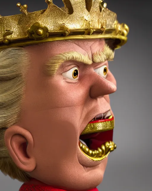 Prompt: highly detailed closeup, face profile portrait of a tin toy donald trump as a fairytale king hemry the eighth wearing a crown and eating cakes, depth of field, nicoletta ceccoli, mark ryden, lostfish, max fleischer, breathtaking, detailed and intricate environment, 8 k resolution, hyperrealistic, octane render