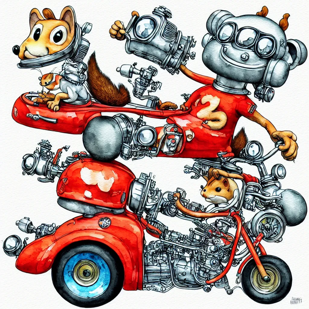 Image similar to cute and funny, squirrel wearing a helmet riding in a hot rod with oversized engine, ratfink style by ed roth, centered award winning watercolor pen illustration, isometric illustration by chihiro iwasaki, edited by range murata, tiny details by artgerm and watercolor girl, symmetrically isometrically centered, sharply focused