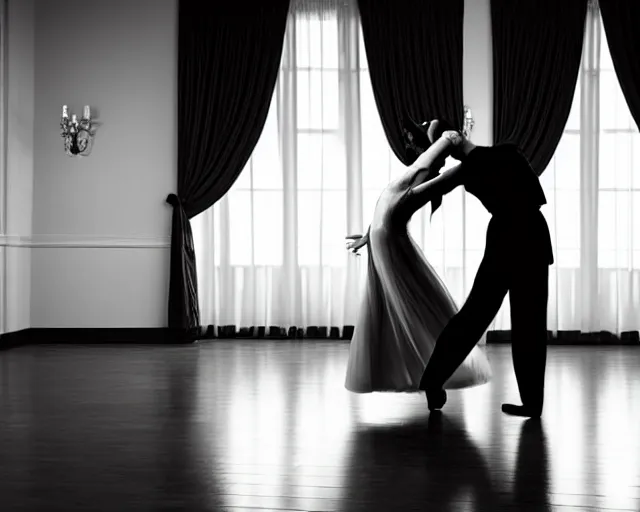 Image similar to waltz dancer bowing in a ballroom, realistic, award winning photograph