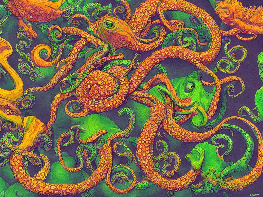 Image similar to chameleon and octopus, high detail, highly abstract, digital art, a bit vivid colors, a little bit touch of M. C. Escher