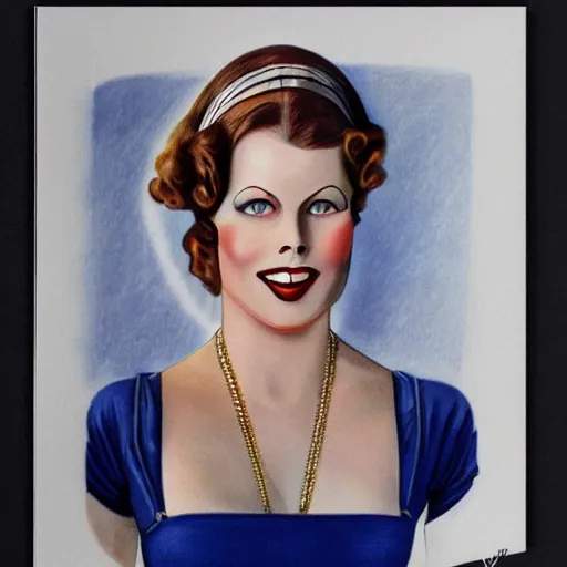 Prompt: a 1 9 2 0 s ultra - realistic color portrait. happy, healthy, beautiful, smiling, young, sporty, blonde, blue - eyed symmetric hedy lamarr in decent athletic wear. hyper - realistic detailed drawing