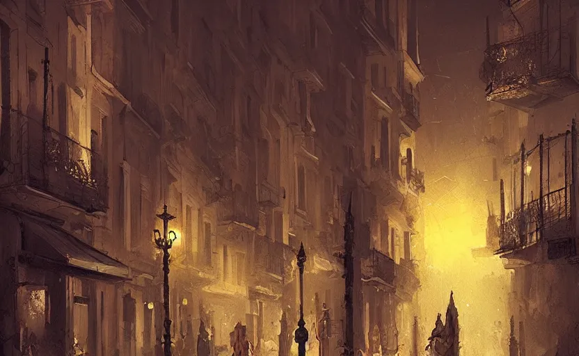 Prompt: Madrid city streets at night, Greg Rutkowski, digital art, artstation