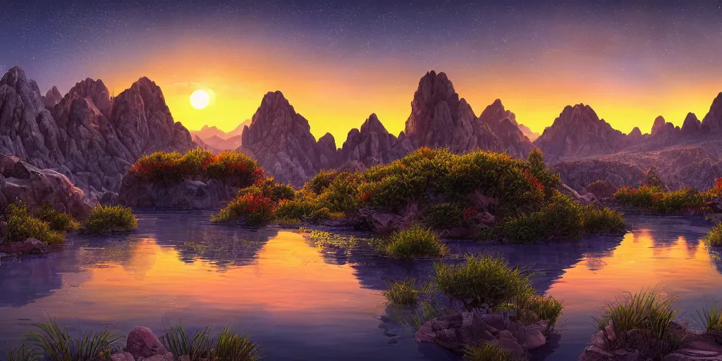 Prompt: ultra detailed and realistic painting of the sunset and a full moon in an environment of water mountains desert and forest inspired by very beautiful cute and colored disney movie backgrounds, rendered in 8 k unreal engine