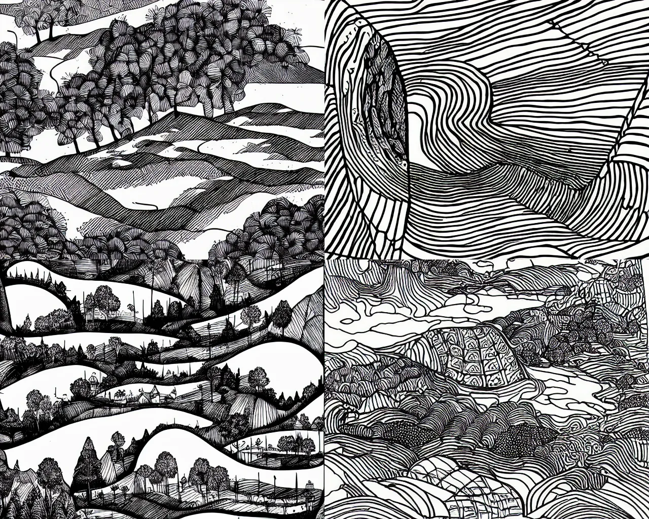 Prompt: landscape, beautiful line art, ink illustration, pure b&w
