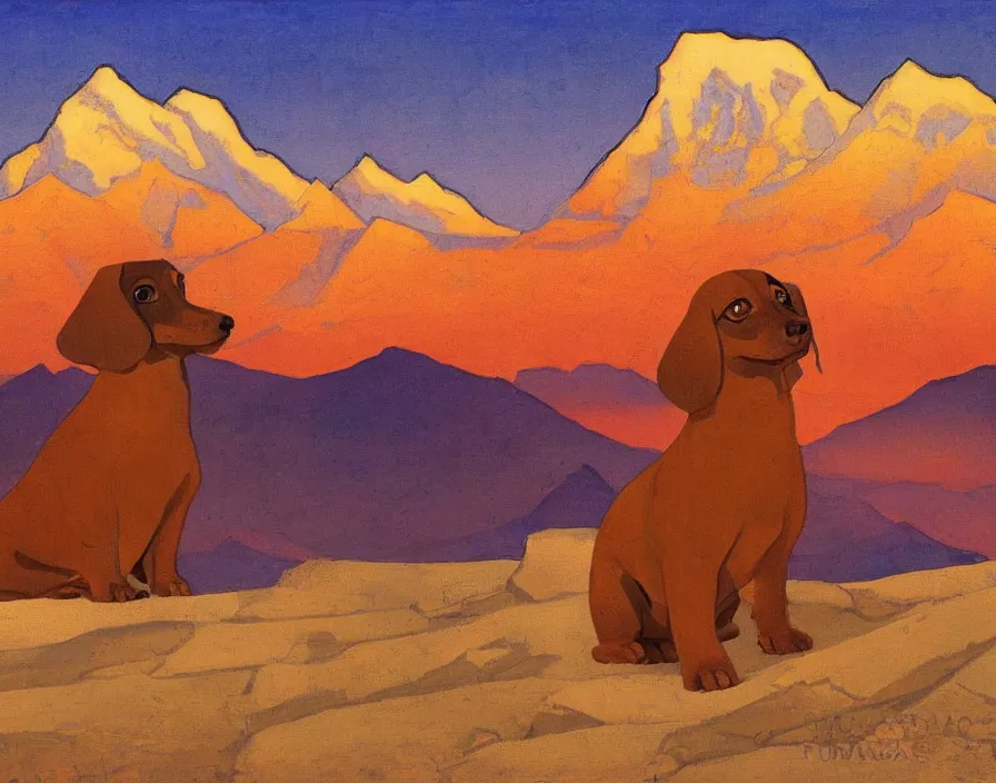 Image similar to Himalayan Dachshund, with Himalaya in the background, sunset, painting by Nicholas Roerich