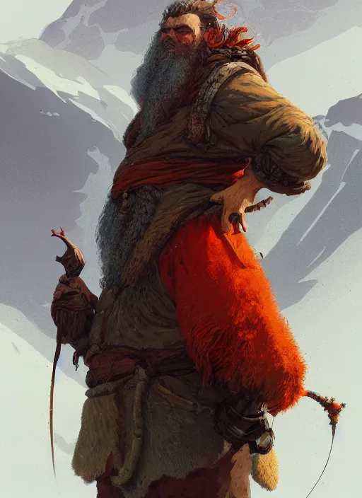 Prompt: a post - minimalism portrait of a mountain dwarf with very long legs vibrant color scheme, highly detailed, in the style of romanticism, cinematic, artstation, moebius, greg rutkowski