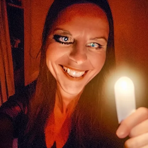 Prompt: A woman takes a selfie in a dark and spooky room, the only light coming from a flickering candle, as she smiles for the camera, in a Halloween style.