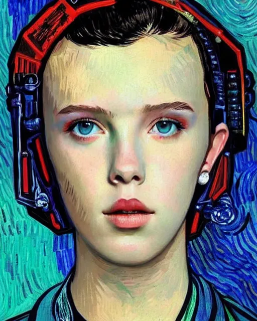 Image similar to portrait of cyberpunk millie bobby brown by vincent van gogh, digital art