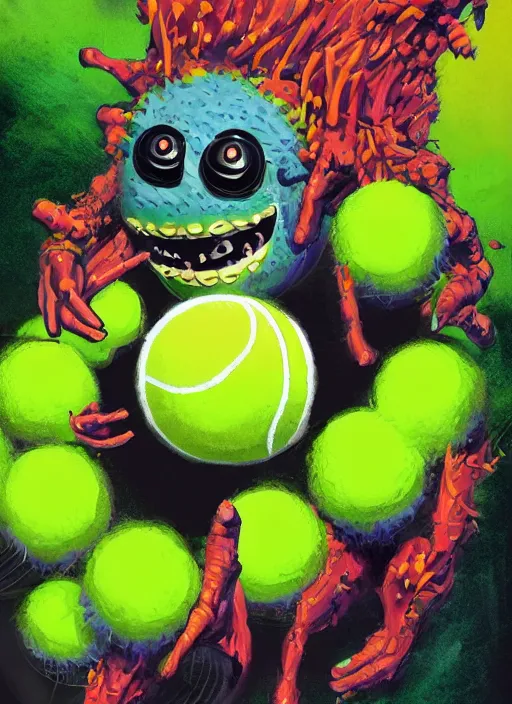 Image similar to tennis ball monsters playing tennis, a tennis ball monster ,tennis ball, Sci fi, lasers, digital art, fantasy, magic, trending on artstation, ultra detailed, professional illustration,chalk, poster artwork by Basil Gogos , clean