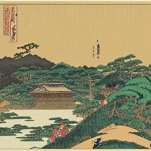 Image similar to village by a lake, 8k, ultra detailed, Ukiyo-e style by Katsushika Hokusai